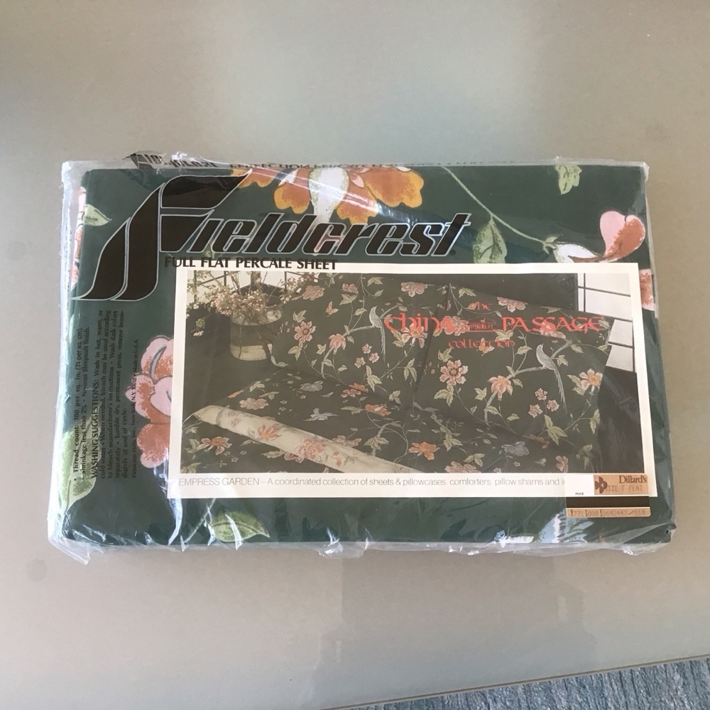 VTG Fieldcrest Full Flat Percale Sheet China Passage Empress Garden Green Floral